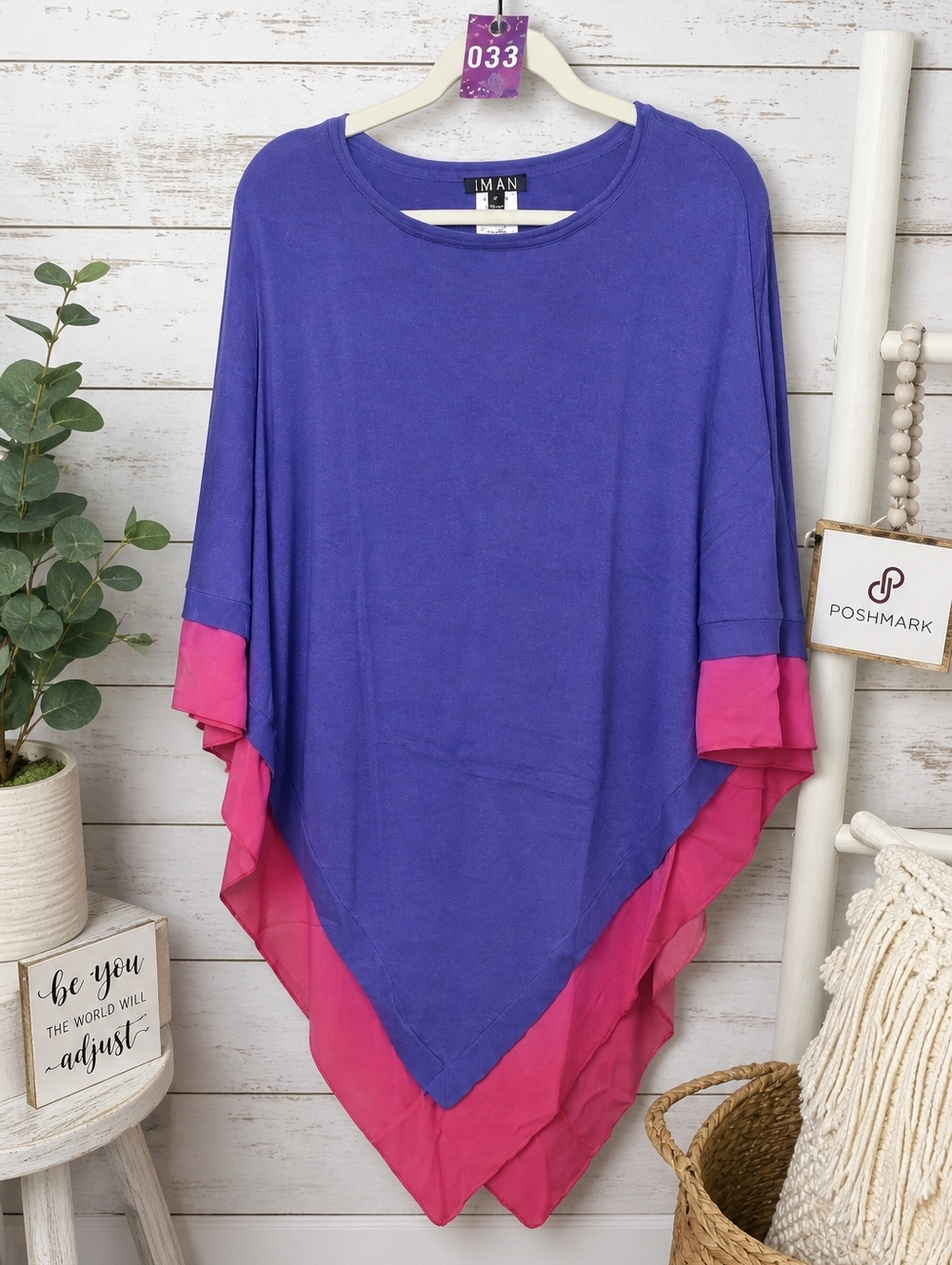 IMAN Purple Pink Colorblock Poncho Top | Flowy Tunic Sweater | Boho Fit Medium